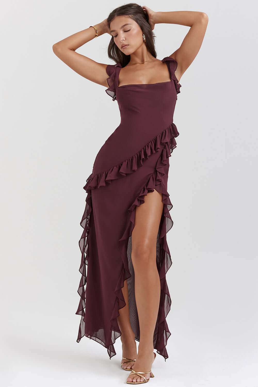 Women's Maxi Dress with Square Neck and Ruffled Detail – Detachable Straps and Thigh-High Slit for Summer Events 0