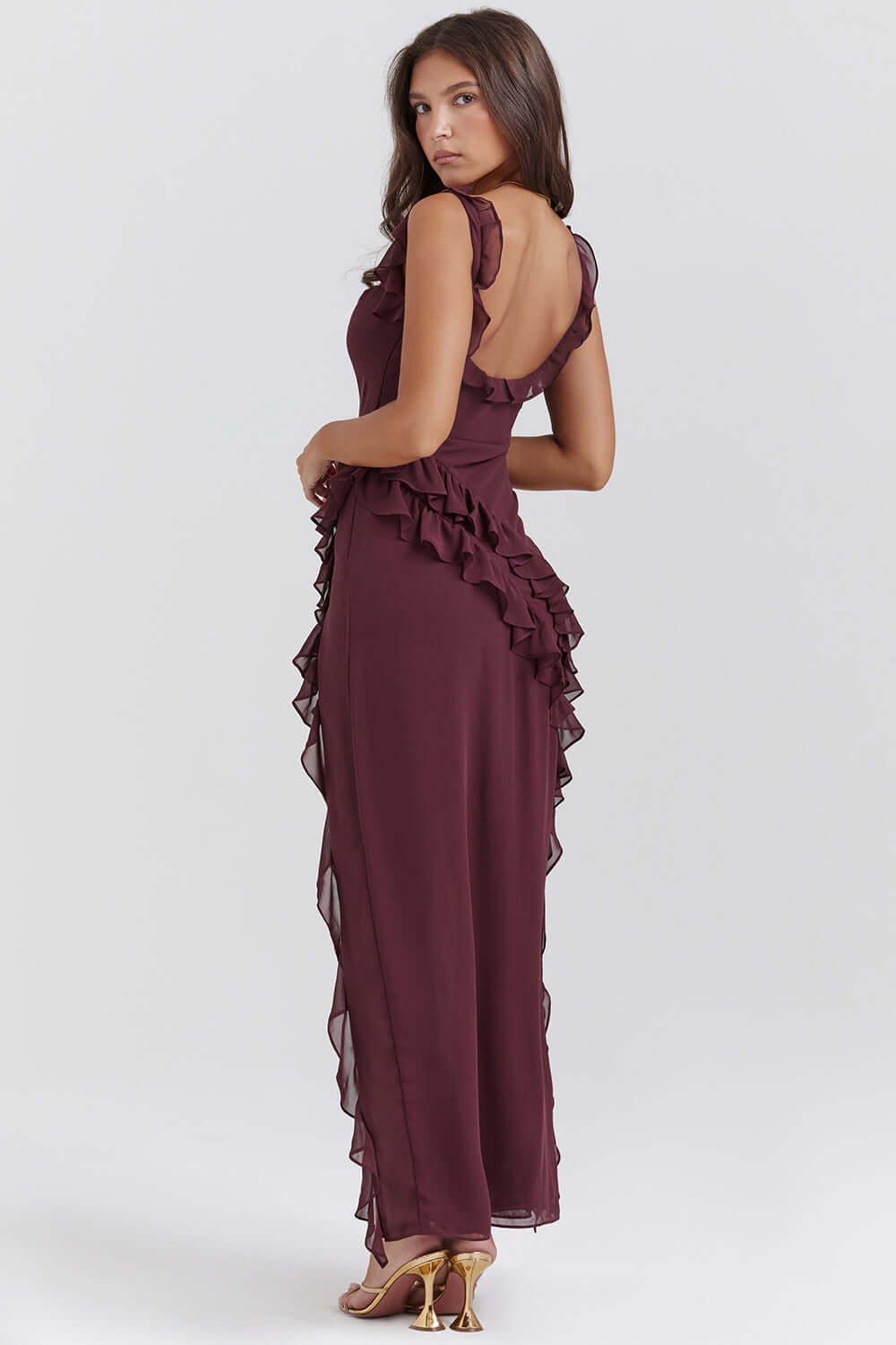 Women's Maxi Dress with Square Neck and Ruffled Detail – Detachable Straps and Thigh-High Slit for Summer Events 1