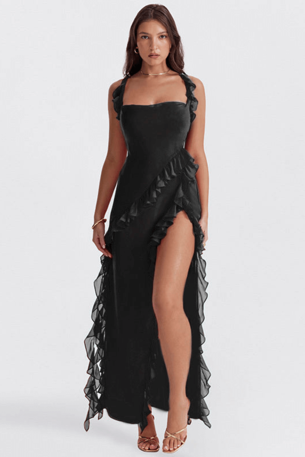Women's Maxi Dress with Square Neck and Ruffled Detail – Detachable Straps and Thigh-High Slit for Summer Events 9