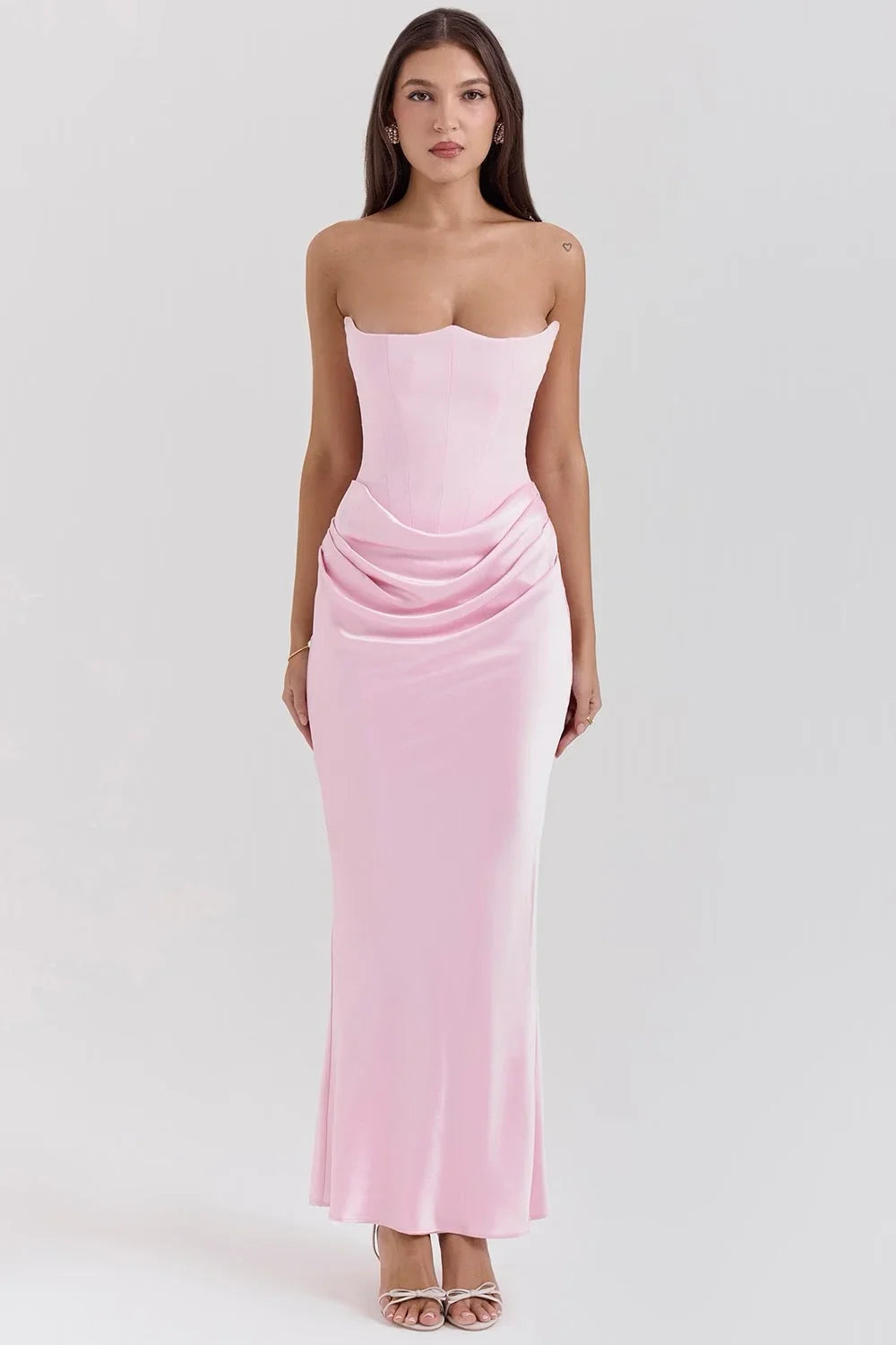 Strapless Pink Silk Maxi Dress for Women – Elegant Evening Wear with Draped Waist Detail 0