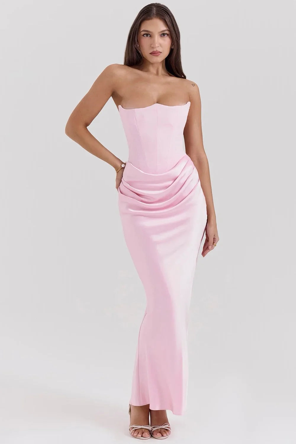 Strapless Pink Silk Maxi Dress for Women – Elegant Evening Wear with Draped Waist Detail 1