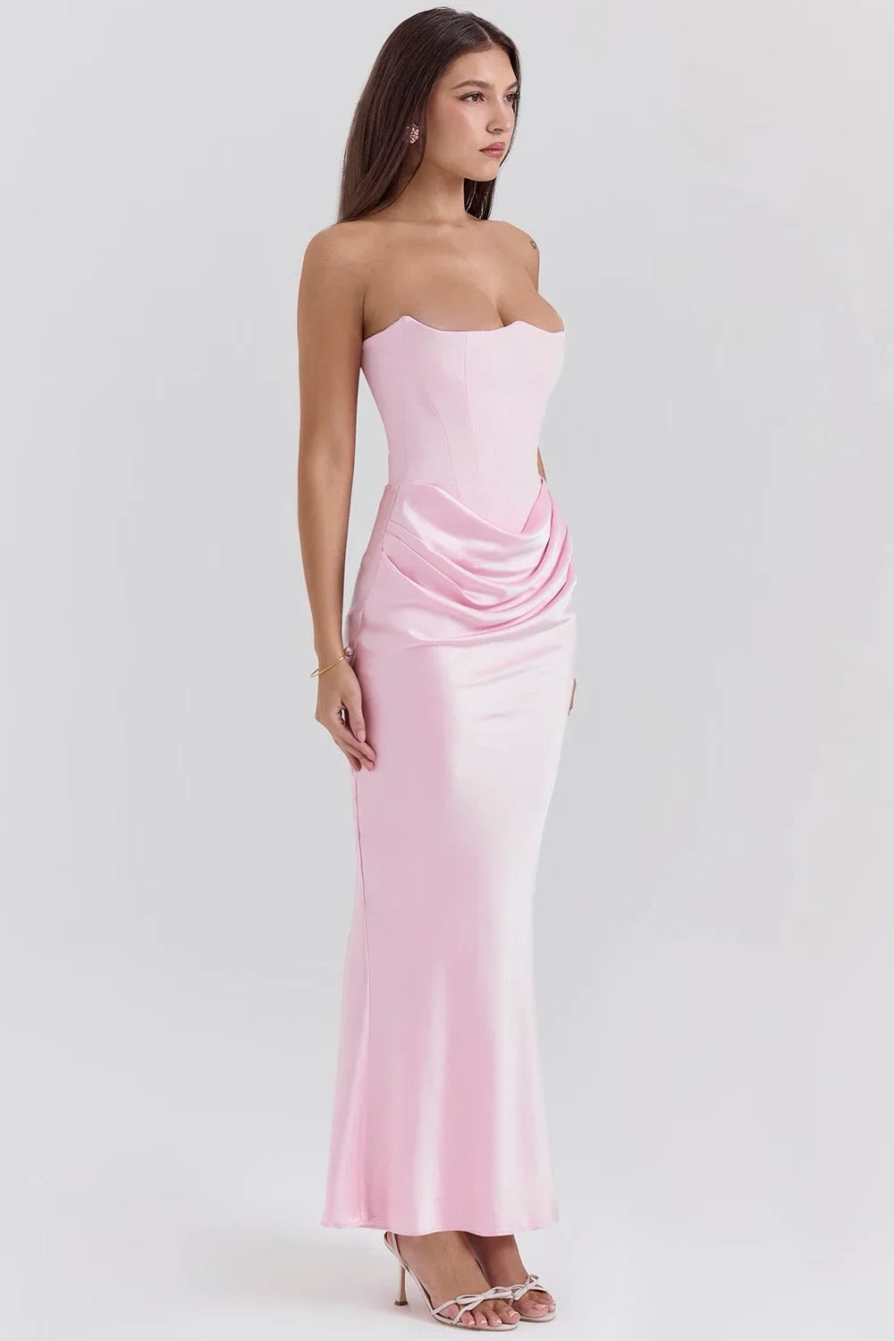 Strapless Pink Silk Maxi Dress for Women – Elegant Evening Wear with Draped Waist Detail 2