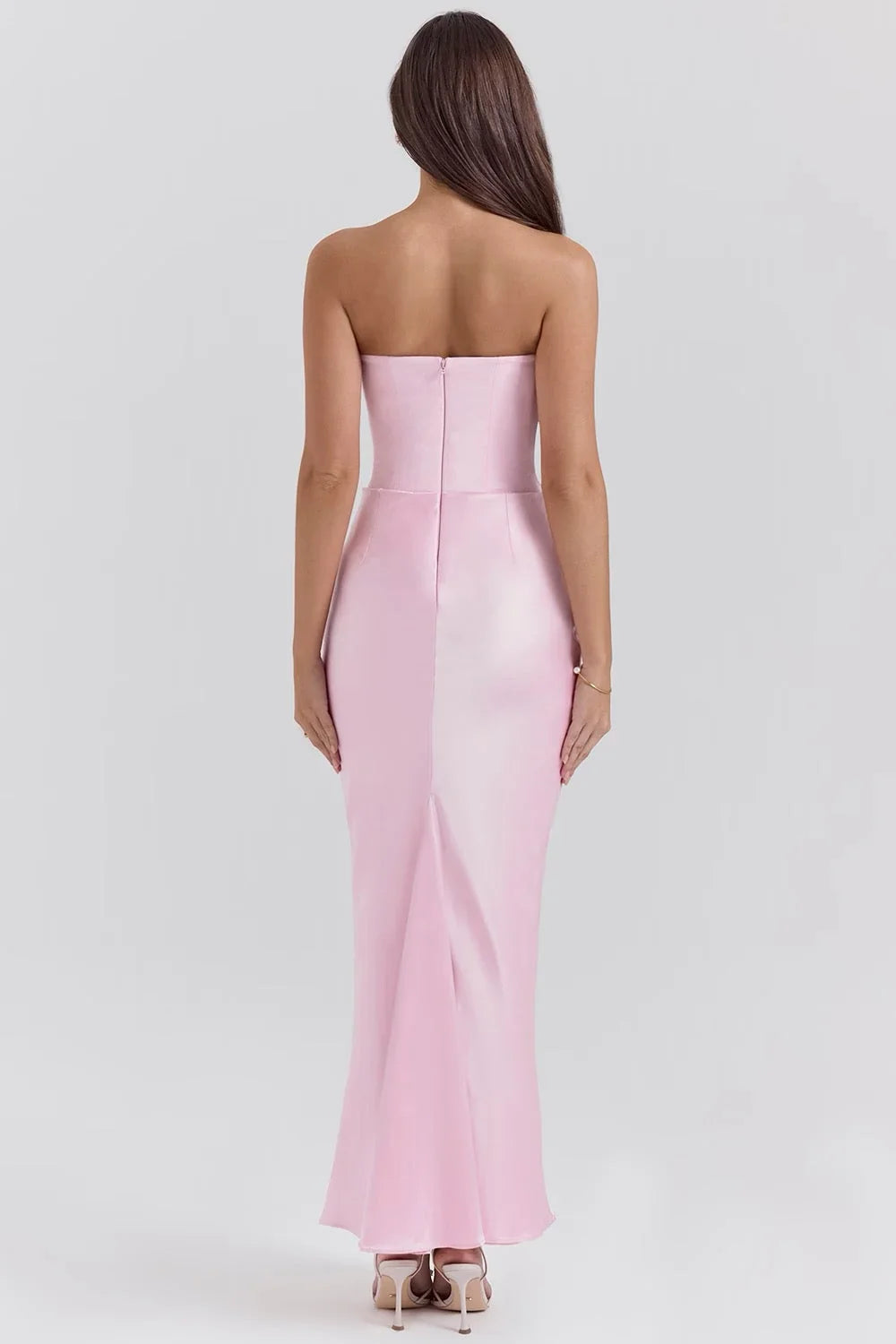 Strapless Pink Silk Maxi Dress for Women – Elegant Evening Wear with Draped Waist Detail 3