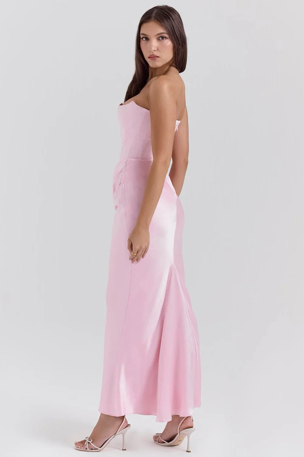 Strapless Pink Silk Maxi Dress for Women – Elegant Evening Wear with Draped Waist Detail 4