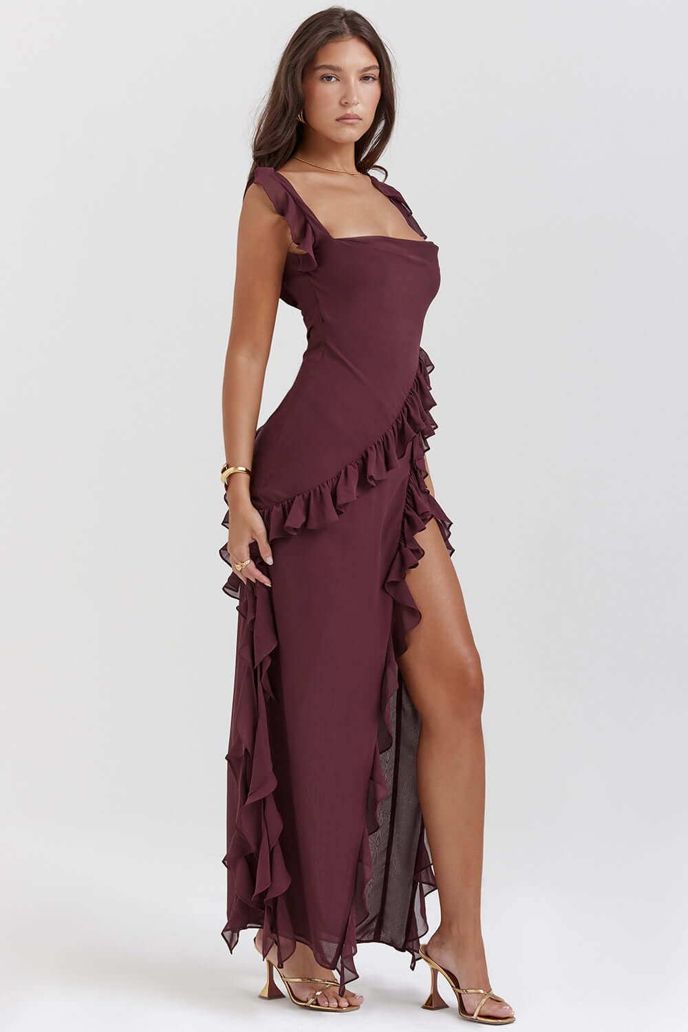 Women's Maxi Dress with Square Neck and Ruffled Detail – Detachable Straps and Thigh-High Slit for Summer Events 2