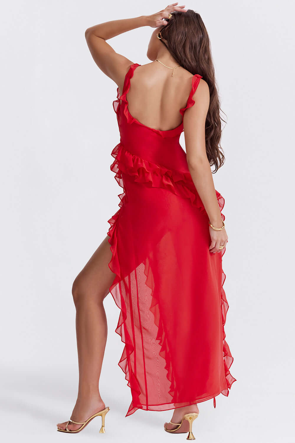 Women's Maxi Dress with Square Neck and Ruffled Detail – Detachable Straps and Thigh-High Slit for Summer Events 6