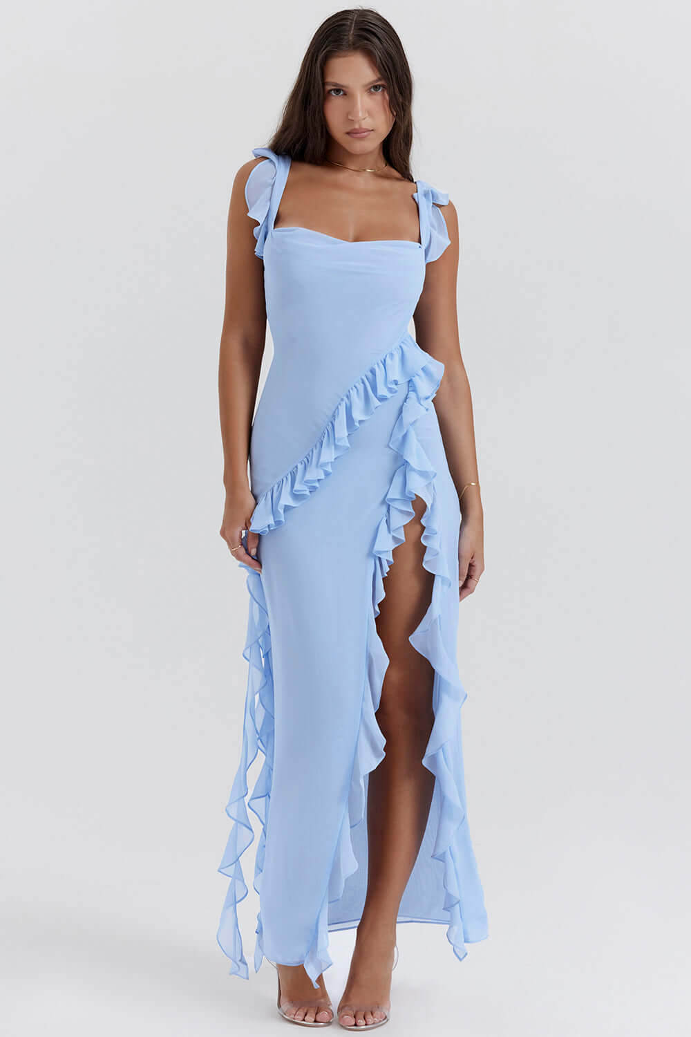 Women's Maxi Dress with Square Neck and Ruffled Detail – Detachable Straps and Thigh-High Slit for Summer Events 7