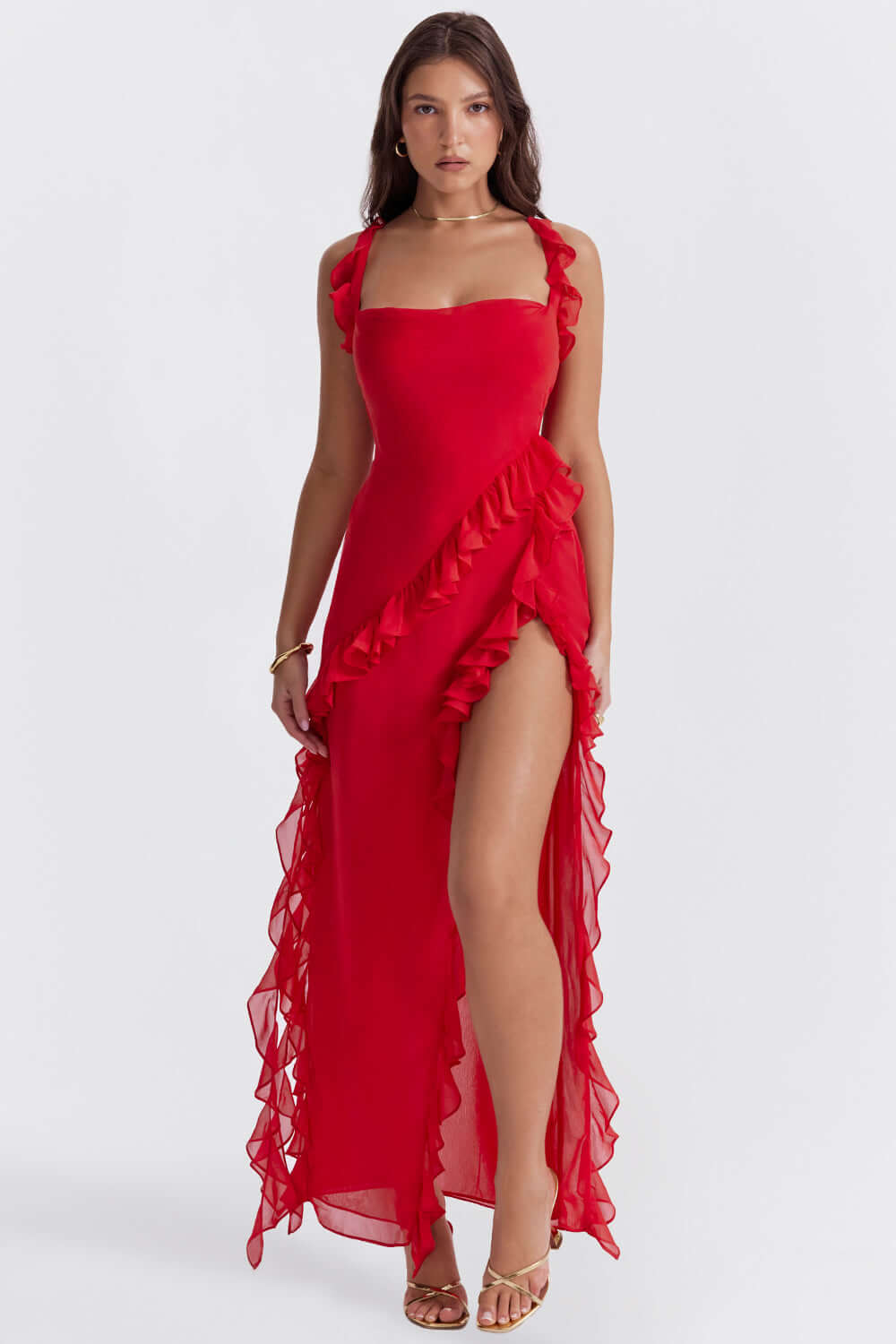 Women's Maxi Dress with Square Neck and Ruffled Detail – Detachable Straps and Thigh-High Slit for Summer Events 8